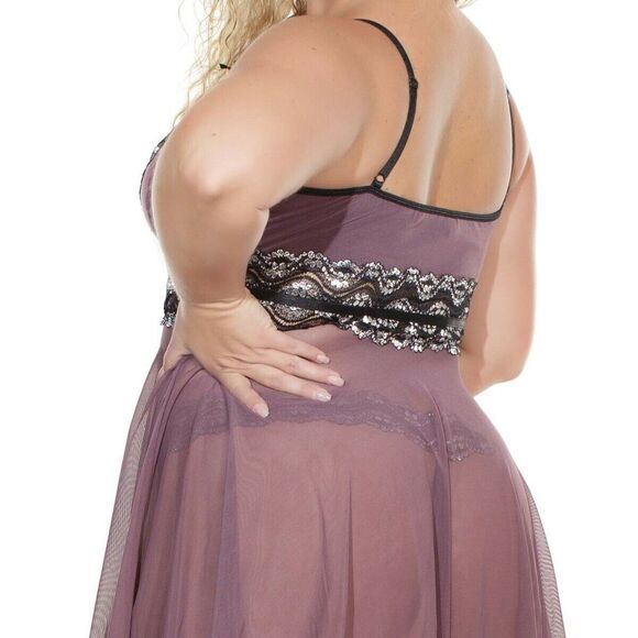 Mauve Babydoll Set Womens XL Mesh and Metallic Lace with Rhinestones - Picture 10 of 10